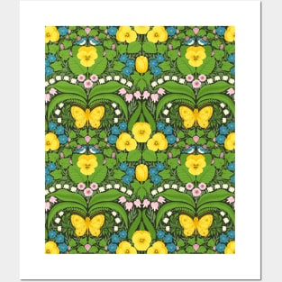 Dollhouse garden, Yellow pansies, birds and butterflies Posters and Art